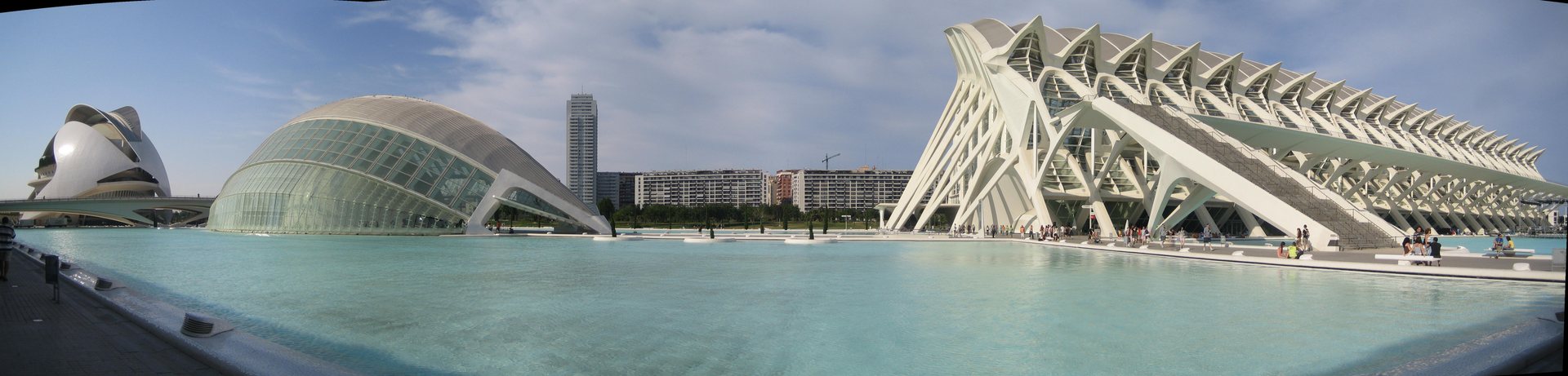 Panorama of the City of Arts and Sciences in Valencia: Palau de les Arts, Hemisfèric and Science Museum around the turquoise pools